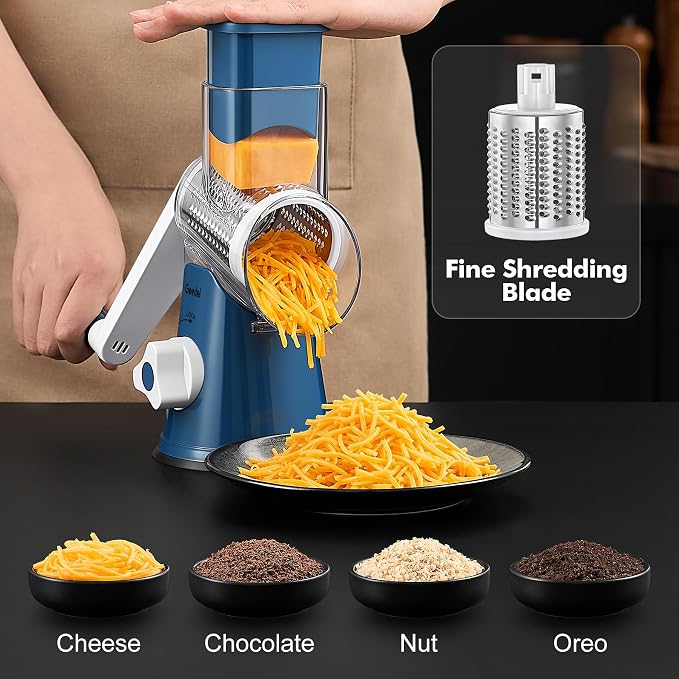 Geedel Rotary Cheese Grater Hand Crank, Cheese Shredder Vegetable Slicer | 3 Blades, 430 Stainless Steel, 12x Fast Cutting, Strong Suction Base, No BPA, Dishwasher Safe, for Cheese, Veggie, Nut