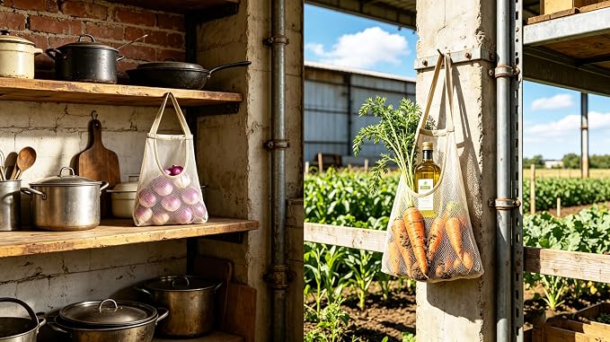 Ahyuan 5 Pack Hanging Mesh Storage Bags For Potatoes,Onions,Garlics,Vegetables Long and Large Reusable Net Storage Tote Bags for Fruit Veggies Green Pepper or Garbage Bag (Beige)