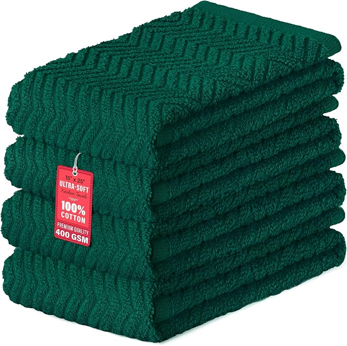 100% Cotton Kitchen Towels 15x25 in, Dark Green Set (Pack of 4)