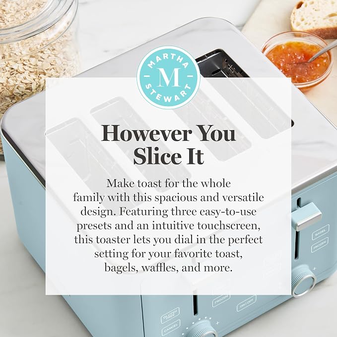 Martha Stewart 4-Slice Toaster, 3 Presets & 10 Shade Settings, Sky Blue | Gluten-Free, Bagels, Extra-Wide Self Centering Slots, Waffles & Artisan Bread, Shade Memory, Cord Wrap & Removable Crumb Tray
