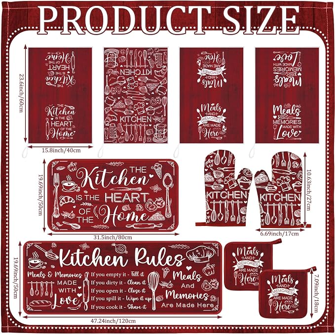 Fourluoo 10 Pcs Red Kitchen Decor and Accessories Oven Mitts and Pot Holders Sets Red and White Dish Towels Farmhouse Kitchen Rugs Mats for Home Baking Cooking Birthday Summer Decorations Women Gifts