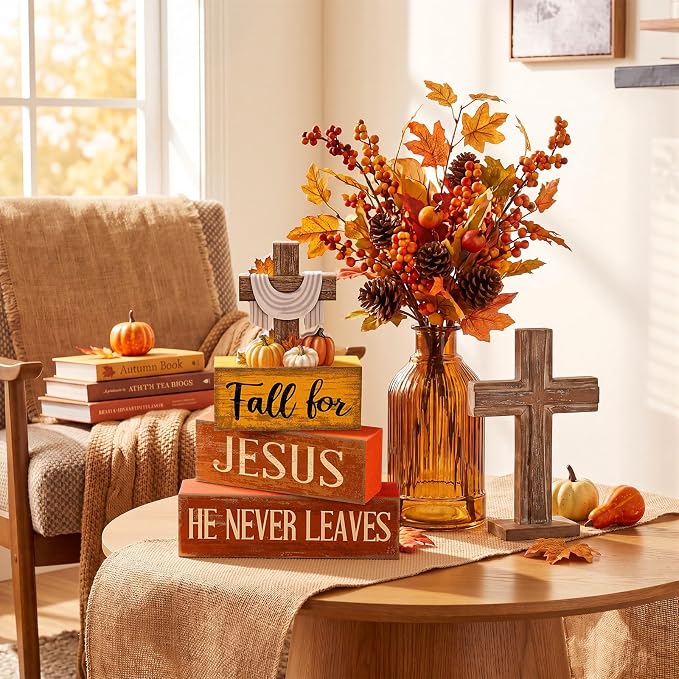 Lineshading 4 Pcs Fall Decoration For Home Fall Religious Wooden Signs | Religious Cross with Pumpkins, Rustic Block Signs for Home, Faith-based Autumn Centerpiece, Thanksgiving Gift, Stackable