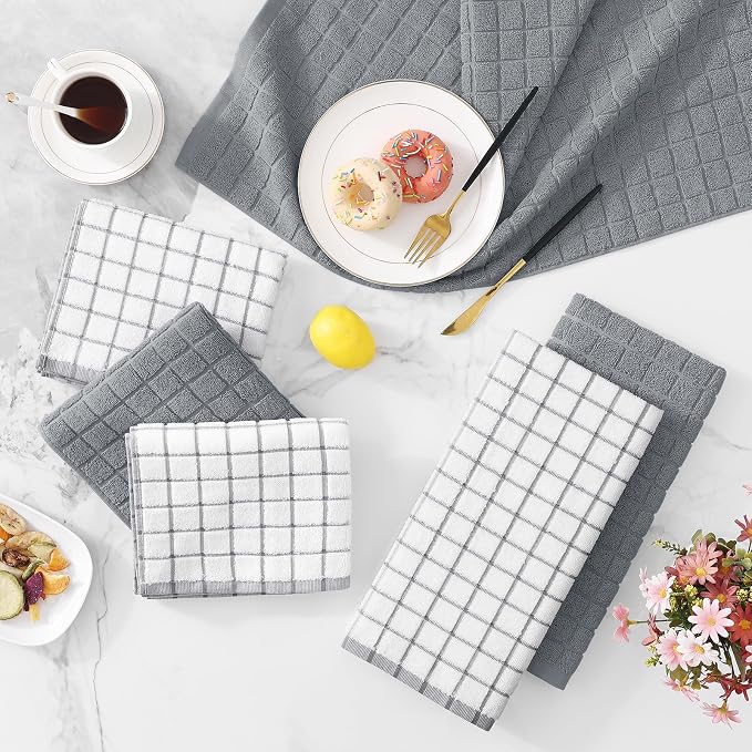 Homaxy Large Premium Cotton Kitchen Towels 16"x 28", 4 Pack, Grey | Natural Ring Spun 390 GSM Dish Towels, Super Absorbent Terry Kitchen Hand Towels, Soft Tea Towels with Hanging Loop