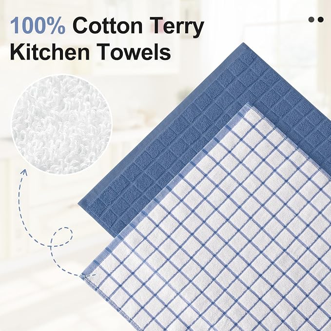 Homaxy Large Premium Cotton Kitchen Towels 16"x 28", 8 Pack, Navy Blue | Natural Ring Spun 390 GSM Dish Towels, Super Absorbent Terry Kitchen Hand Towels, Soft Tea Towels with Hanging Loop