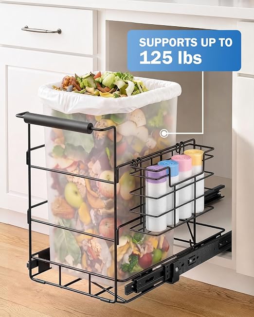 Bulado Pull Out Trash Can Under Cabinet with Removable Trash Bag Holder | Space Saving Under Sink Trash Can, Fits 30–40 Qt Bins, Supports 125 lbs, Easy Install, Soft-Close Slide, Bin Not Included