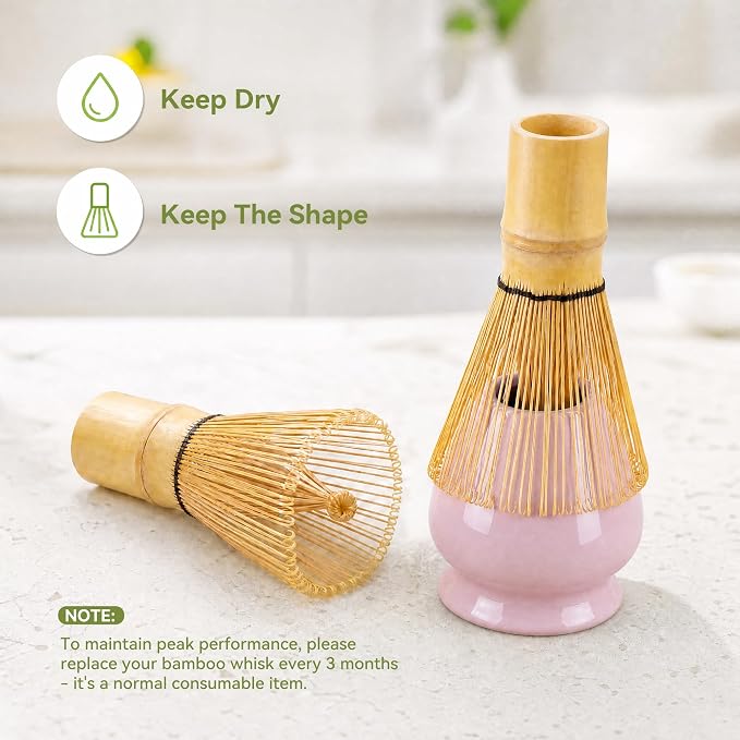 Matcha Whisk Set with Elegant Pink Ceramic Bowl - Complete Matcha Making Kit, Bamboo Whisk (Chasen), Holder, Matcha Sifter, Scoop, Traditional Tea Ceremony Tools