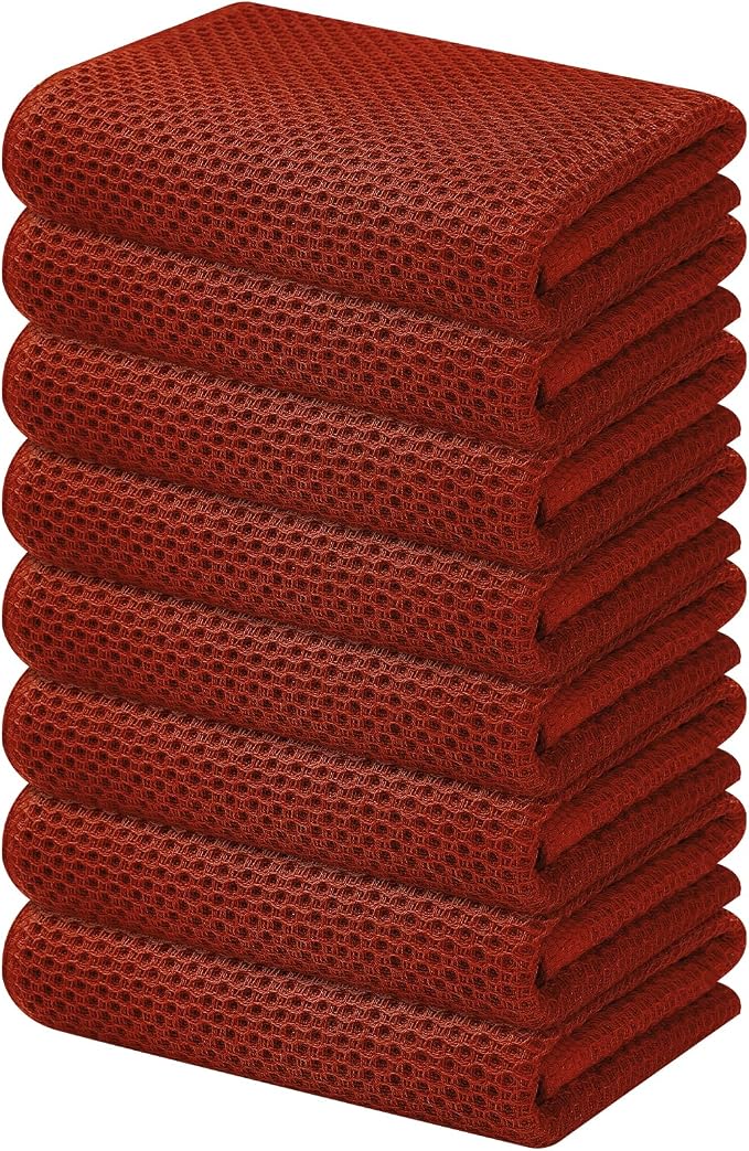 Kitinjoy 100% Cotton Waffle 8-Pack Kitchen Towels, 13" x 28", Rust | Super Soft, Ultra-Absorbent, Fast Drying, lightweight, Quick Drying Kitchen Hand Towels