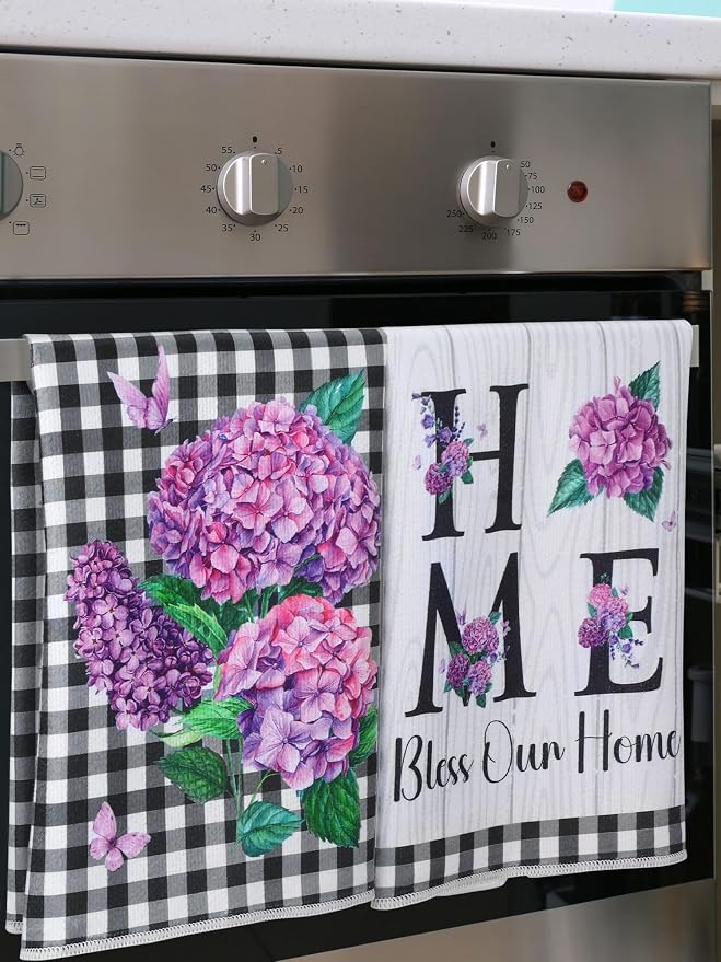4 Pcs Hydrangea Kitchen Towels Purple Hand Dish Towels Gifts | Butterfly Floral Flower Fast Drying Absorbent Tea Cloths Housewarming Gift for Home Cooking Kitchen Bathroom
