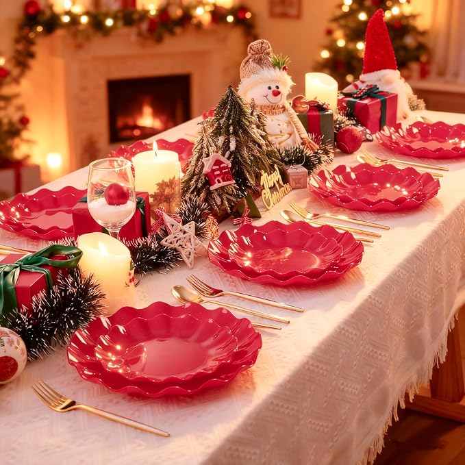 LIYH 50 Pcs Red Plastic Plates Reusable Christmas Plastic Plates Unbreakable Holiday Dinnerware Set Scalloped Plate for Christmas Day,Dishwasher Safe BPA Free (25Guests)