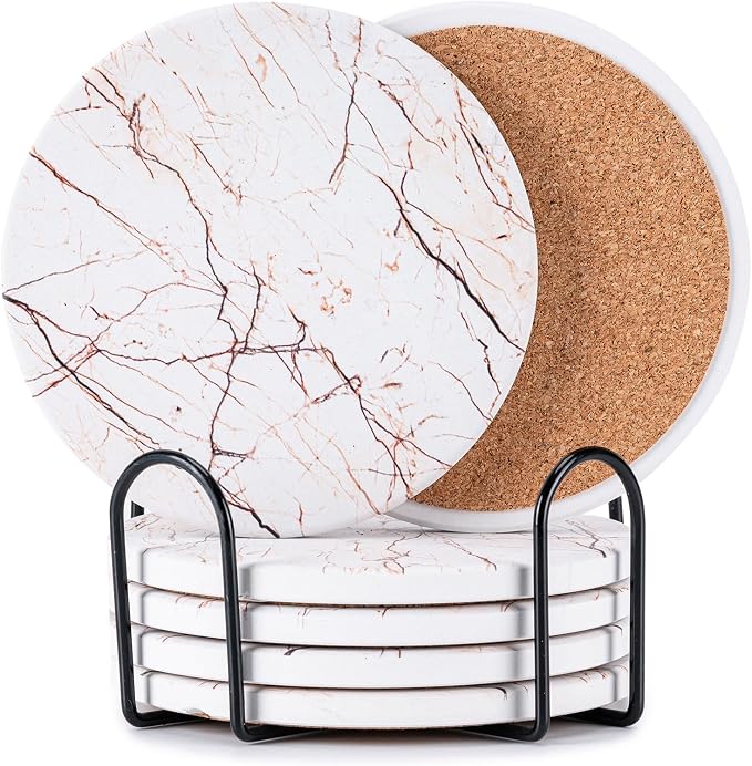 6Pcs Absorbent Coasters Set with Holder,Ceramic Drink Coaster,4 in（A2） | Marble Style Ceramic Drink Coaster,Suitable for Kinds of Cups,Modern Style Coaster for Coffee Table