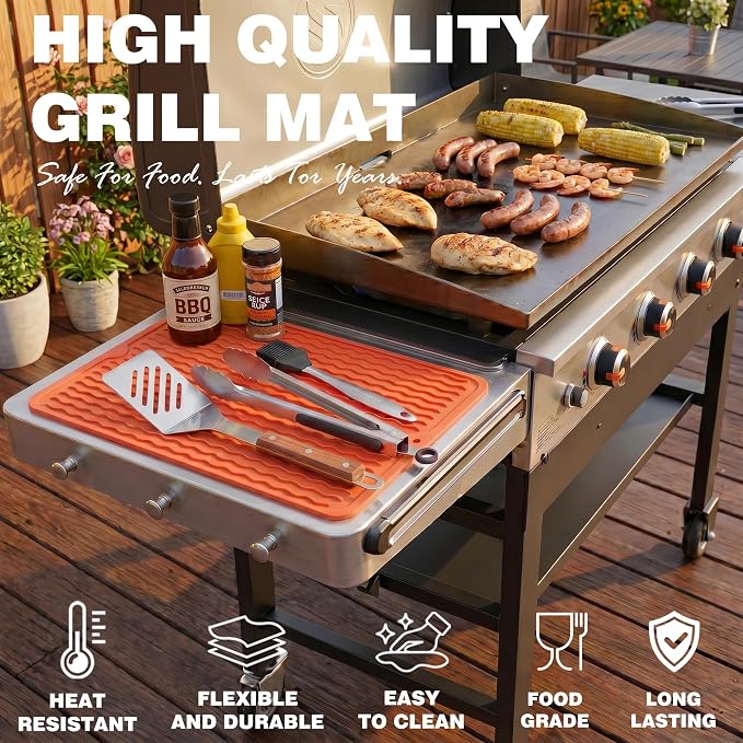 2 Pack Caketime Silicone Grill Mats Compatible with All Griddle Types Flat Top Accessories Kitchen Countertop Outdoor Patio Tools Summer Camping Lawn Gadgets Father Dad Chef Men Gifts(Orange)