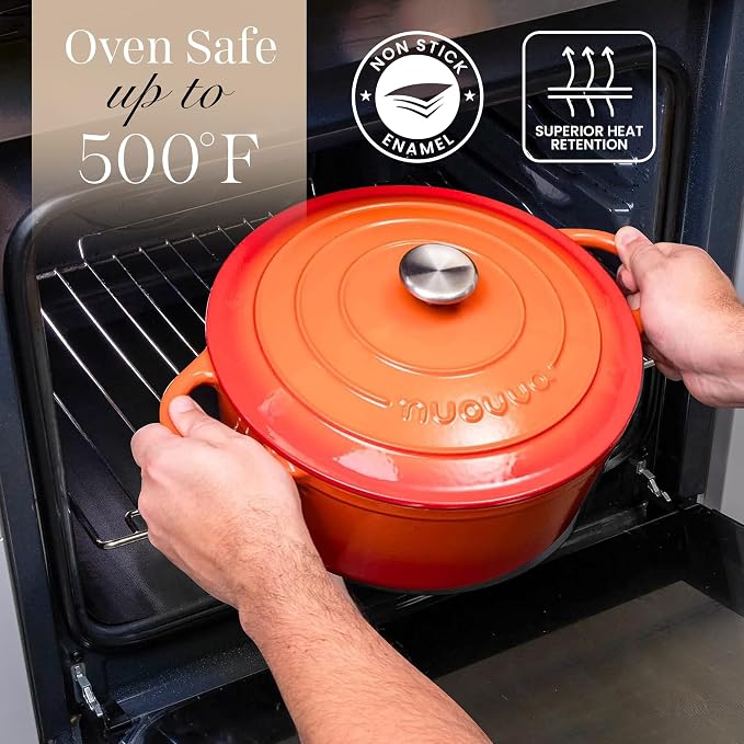 Cast Iron Dutch Oven with Lid-Non-Stick Ovenproof Enamelled Casserole Pot- Sturdy Dutch Oven Cookware - Orange, 3.1- Quart, 22cm- by Nuovva