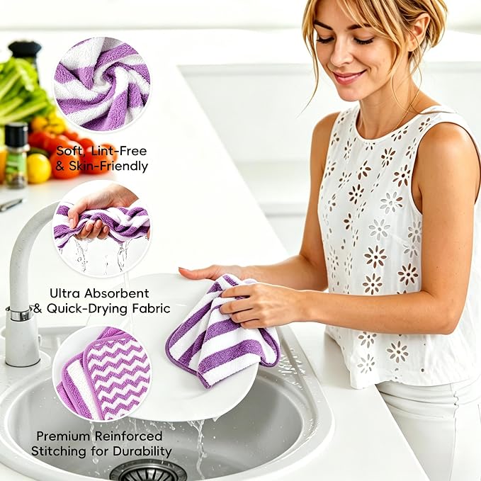 Microfiber Cleaning Cloths, 6 Pack Purple Kitchen Towels | 12x12 Inch, Ultra Soft Absorbent, Lint Free Dish Towels with Hanging Loop, Reusable for Kitchen, Car & Household