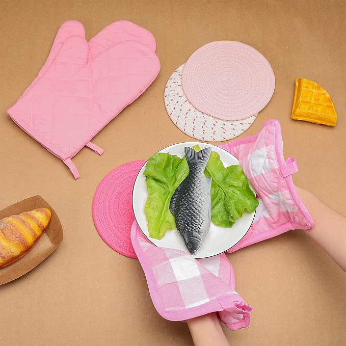 Pink Oven Mitts and Pot Holders 7 Sets, Pink White, Cotton, Plaid | Heat Resistant Kitchen Gloves, Pads Pot Holders for Women, Chritsmas Gifts Kitchen Accessories Gift