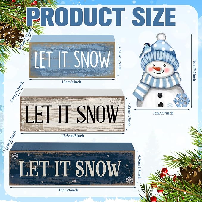 Lineshading 4 Pcs Wooden Snowman Table Decoration, Let It Snow Signs | Rustic Farmhouse Tiered Tray Decor, Christmas Winter Wood Blocks, Tabletop Centerpiece Gift, Snowman Hat Scarf Design