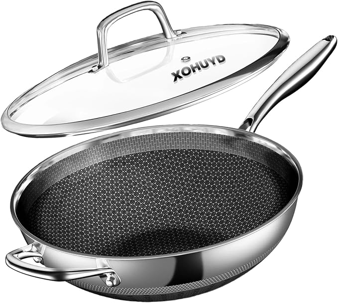 Wok Pan, 13-Inch Stainless Steel Woks & Stir-Fry Pans Nonstick, Wok Pan with Lid for Induction, Hybrid，Electric, Gas, Halogen, All Stoves, Professional PFOA Free Cookware, Dishwasher & Fast Heat