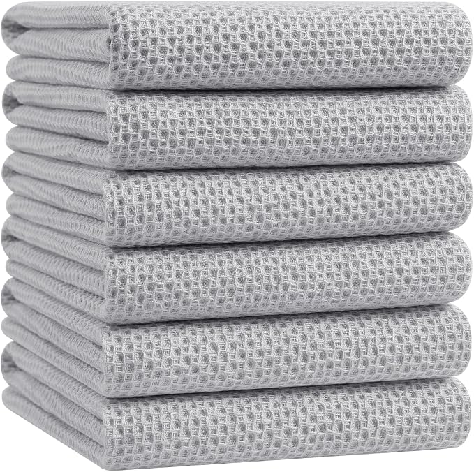 Homaxy 100% Cotton Oversized Waffle Weave Kitchen Towels 6-Pack, Light Gray | 20 x 28 Inches, Ultra Soft Absorbent Dish Towels, Quick Drying Large Cleaning Towels