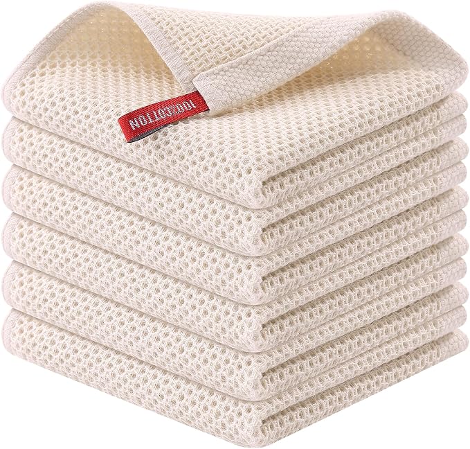 Kitinjoy 100% Cotton Waffle 6-Pack Kitchen Towels, 12" x 12", Beige | Ultra Absorbent, Super Soft, lightweight, Quick Drying Dish Rags for Washing Dishes