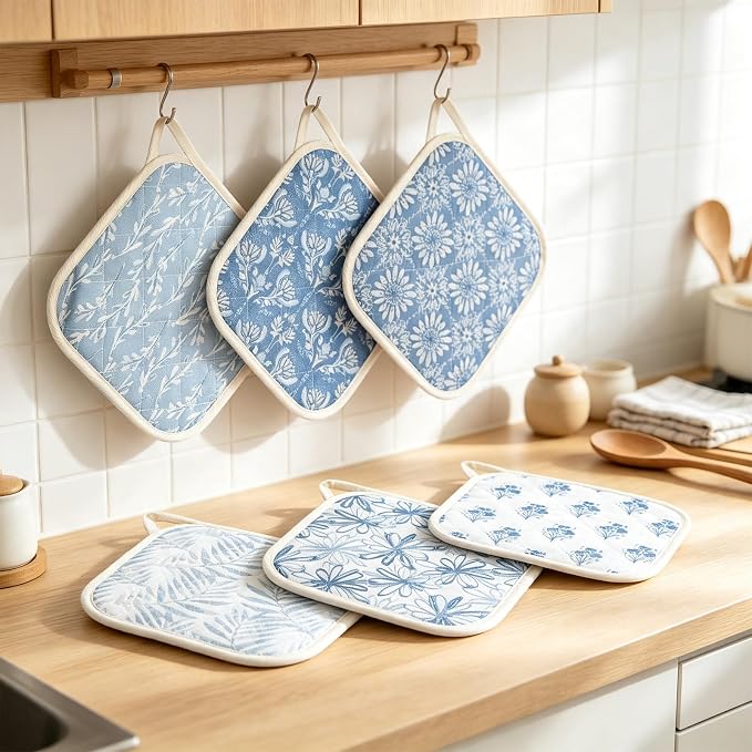 6 Pack Pot Holders 100% Cotton Heat Resistant Potholder, Machine Washable Pot Holder, Hot Pads, Table Pads for Cooking Baking (B1)