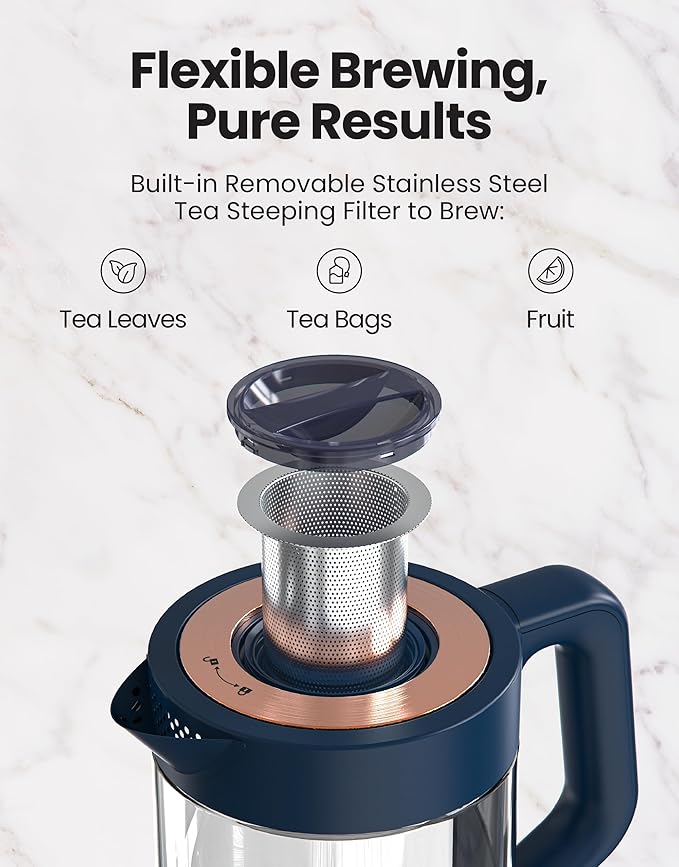 Viante Alba Electric Tea Kettle, Infuser, No Plastic, 1.5L, Midnight Blue | Borosilicate glass & 304 stainless steel construction. 4 temp presets, keep-warm, cordless, auto shut-off