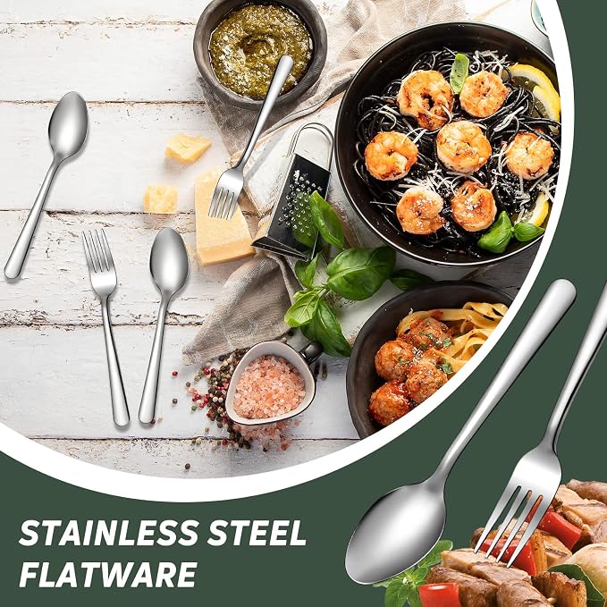 BBTO 100 Pcs Forks and Spoons Silverware Set Bulk Stainless Steel Flatware Cutlery Set 6.7'' Kitchen Utensils for Home Restaurant 50 Dinner Fork, 50 Teaspoon, Mirror Polished, Dishwasher Safe