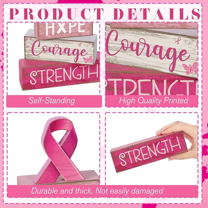 Lineshading 4 Pcs Pink Ribbon Block Signs Wooden Farmhouse Table Decor | Hope Courage Strength Blocks, Rustic Finish for Tiered Tray, Home Shelf Decor, Breast Cancer Awareness Support Gift