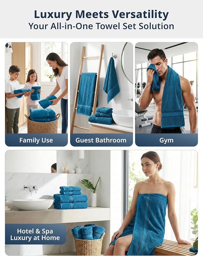 LANE LINEN Towel Set Quick Dry 100% Cotton 12 Piece Soft - Sea Port | Cotton Towels For Bathroom - Zero-Twist Durability, Zero-Twist Cotton, Terry Weave Comfort, Long-Lasting Comfort