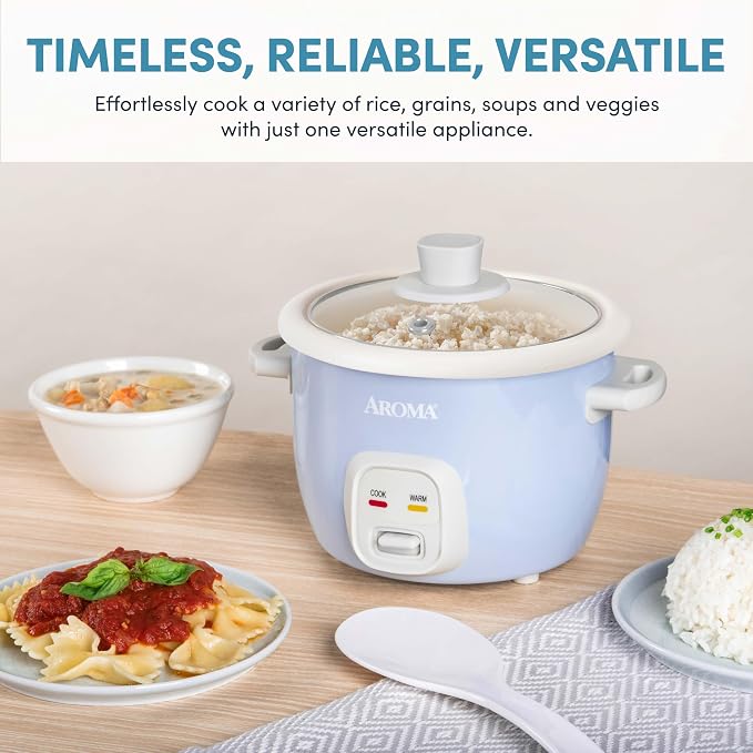 AROMA® Mini Rice Cooker, 2-Cup (Uncooked) / 4-Cup (Cooked), Grain Cooker, Soup Maker, Oatmeal Cooker, Auto Keep Warm, 1 Qt, Blue, ARC-302NGBL
