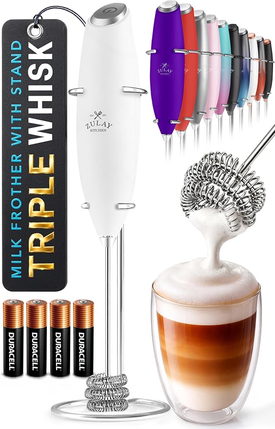 Zulay Kitchen Powerful Milk Frother Wand With Duracell Batteries - Ultra Fast Handheld Drink Mixer - Electric Whisk Foam Maker for Coffee, Lattes, Cappuccino & Matcha - Triple Whisk - Luna White