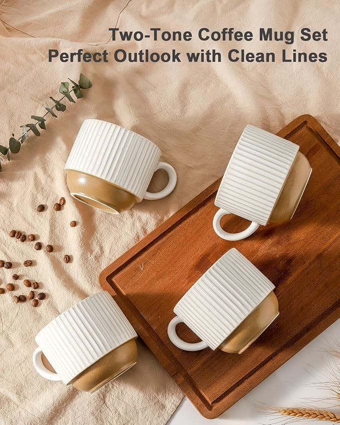 HASENSE 15 oz Ribbed Stackable Ceramic Coffee Mug Set of 4, White & Light Brown Cups with Metal Holder, Dishwasher & Microwave Safe for Cappuccino Tea Hot Cocoa, Wedding Housewarming Gifts