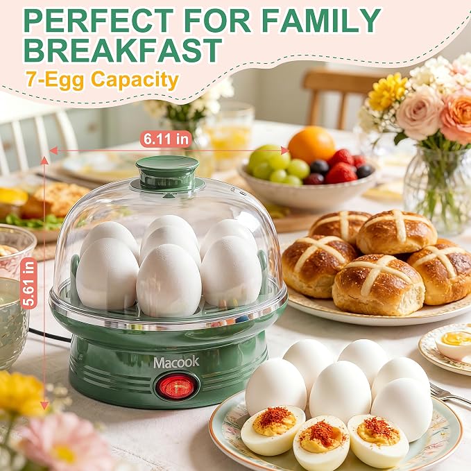 Macook Electric Egg Cooker for Easter, 7 Egg Capacity with Auto Shut-Off, Spring Green Hard Boiled Egg Maker, Ideal Easter Gift for Egg Decorating, Includes Measuring Cup