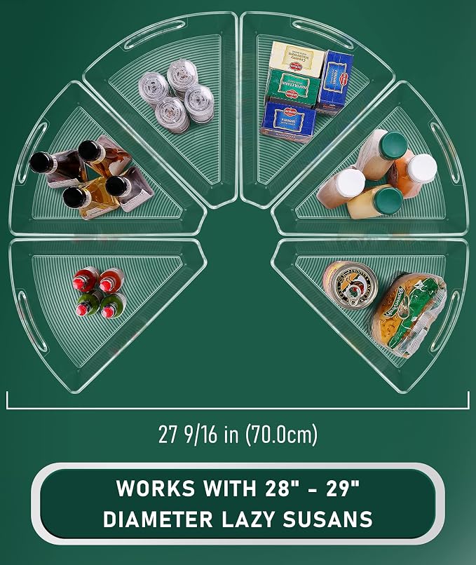 Lazy Susan Cabinet Organizer Bins for 26"/ 28"/ 32" Diameter | Corner Organizer, Plastic Cabinet Storage Bin, 1/8 Wedge - Food Safe, BPA Free, with Non-Slip Pads (for 28" Diameter, 6 Pack)