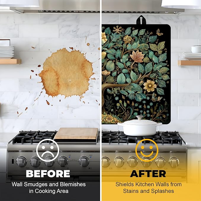 NYZE Stove Top Cover for Electric Stove 28x20 Inch Silicone Stove Topper & Protector, Decorative Kitchen Mat for Electric/Glass Stove Top (Teal & Gold Floral Tree)