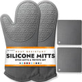 BPA-Free Soft Silicone 4 Piece Oven Mitts & Trivets Set - Ultra Heat Resistant Oven Mitts with Thick Cotton Liner - Long Slip Resistant Pot Holders, Flexible Oven Gloves - Gray