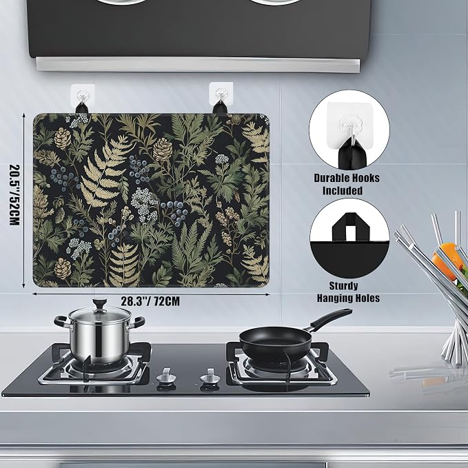 Green Leaves Glass Top Stove Cover Protector,Summer Forest Berry Heat Resistant Stove Top Cover, Large Size Range Covers for Electric Stove Countertop Mat, 28 x 20 Inch