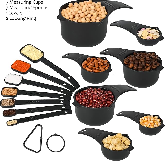 Measuring Cups and Spoons Set 15, Black Dry & Liquid Plastic Measuring Cups and Spoons, Metric & US 7 Measure Cups & 7 Measure Spoons for Kitchen & Baking
