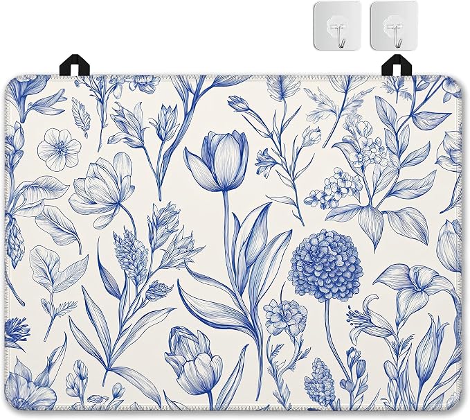 Retro Blue Floral Glass Top Stove Cover Protector,Spring Flower Stove Top Covers for Electric Stove,Washable Heat Resistant Cooktop Mat Anti-Slip Range Covers, 28 x 20 Inch