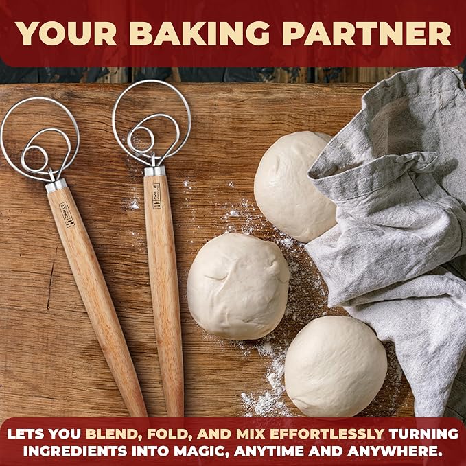 ORBLUE Premium Danish Dough Whisk - Dutch Whisk with Stainless Steel Ring - Danish Whisk for Bread, Pastry or Pizza Dough, 13-inch 2-PACK