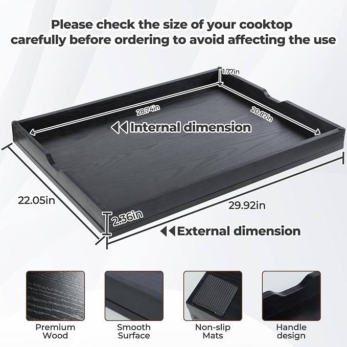 WOLKI Noodle Board Stove Cover for Stoves, Wooden Cover Built-in Handles | 30"L x 22"W x 2.4"Th Heavyweight Stove Top Cover For Gas Burners & Electric Stove, Serving Tray, Space Saver, Black