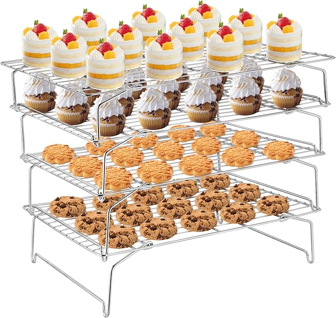 TeamFar Cooling Rack, 4-Tier Stainless Steel Wire Rack | for Baking Roasting, Healthy & Heavy Duty, Dishwasher Safe, Stackable & Collapsible, Firmly Weld & Smooth Surface, 15"x10"