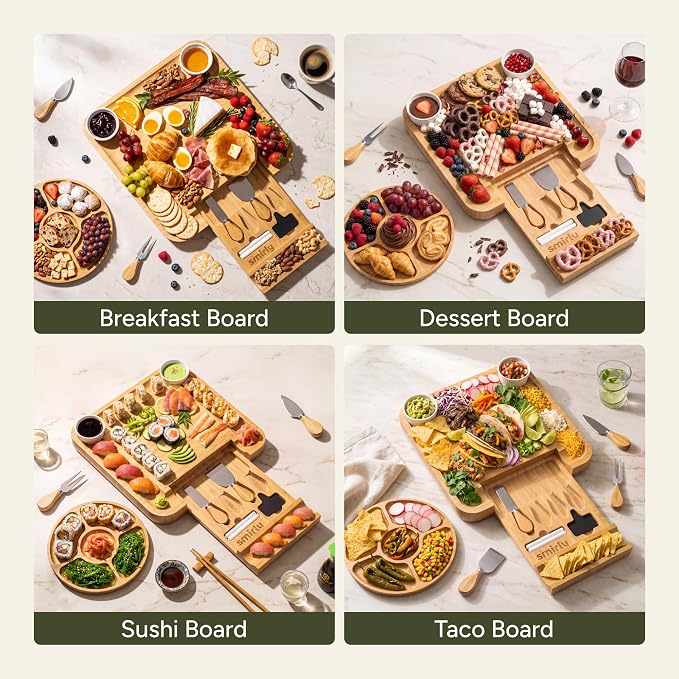 SMIRLY Charcuterie Board Set with Serving Accessories, Bamboo | Housewarming, Wedding, Bridal Shower and Birthday Gift for Women, Ideal for Movie Nights, Entertaining and Family Gatherings