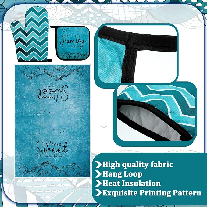 Bencailor 6 Pcs Boho Mountains Kitchen Towels Oven Mitts and Pot Holders Set Decorative Dish Towels Tea Washcloth Non Slip Heat Resistant Oven Gloves for Summer Home Cooking Baking, Turquoise