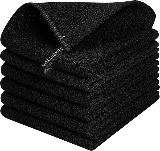 Kitinjoy 100% Cotton Waffle 6-Pack Kitchen Towels, 12" x 12", Black | Ultra Absorbent, Super Soft, lightweight, Quick Drying Dish Rags for Washing Dishes