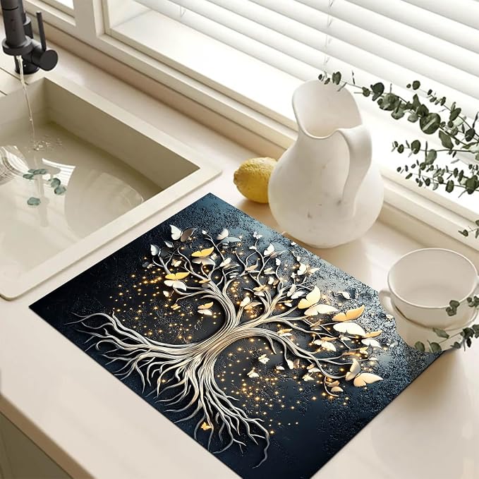 HOMETITUTE Golden Glow Butterfly Tree Stove Top Cover 28x20 Diatomite Mat