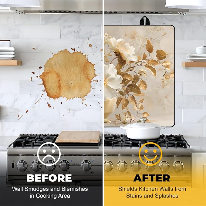 NYZE Gold Leaves & Cream Floral Stove Top Cover for Electric/Glass Stove, Flat Top Cooktop Protector, Electric Cooktop Cover, Extra Counter Space for Kitchen