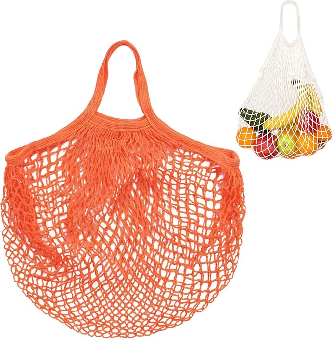 M METERXITY 1-Pack Cotton Mesh Bag, Reusable Washable Mesh Net String Grocery Bags, Reusable Produce Bags with Handle, Net Tote Bag for Fruits/Vegetables Shopping [Orange, Short Handle]