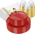 350 PCS Red Plastic Dinnerware Set, Red and Gold Rim Disposable Plates for 50 Guests, Include 100 Plates with 150 Plastic Cutlery, 50 Napkins and 50 Cups