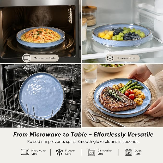 E-far Stoneware Dinnerware Set, 12-Piece Plates and Bowls Sets for 4 | Modern Dishes for Kitchen Dining, Reactive Glazing Ripple Design, Chip Resistant, Microwave & Dishwasher Safe, Reactive Blue