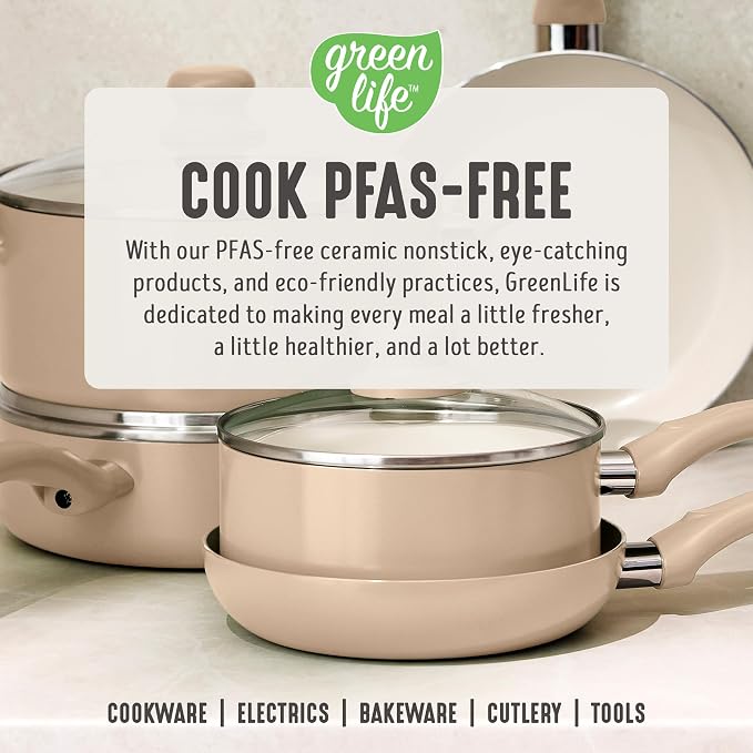 GreenLife 2 Piece (8" & 10") Ceramic Nonstick Skillet Set, Beige Taupe | PFAS-Free Nonstick Coating, Frying Pans, Omelet Pans, Everyday Pan, Induction Ready, All Stovetop Compatible, Dishwasher Safe
