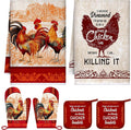 Leinuosen 6 Christmas Red Rooster Farmhouse Kitchen Decor Dish Towels Oven Mitts and Pot Holders Sets Chicken Kitchen Towels Absorbent Decorative Accessories for Cooking Baking Grilling